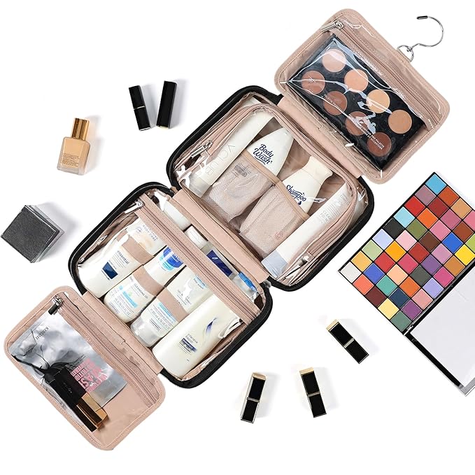 NISHEL Travel Toiletry Bag for Women, Makeup Essentials Organizer, Hanging Case for Accessories, Cosmetics, Medium Size, Black