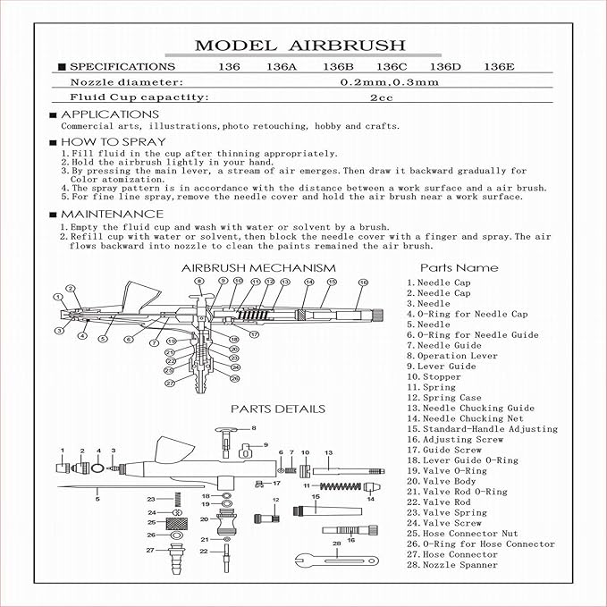Pinkiou Airbrush Gun Mini Makeup Air Brush Spary Gun 0.4mm Needle and Nozzle For Make up Face Eyebrow Nail Temporary Tattoo (single gun)