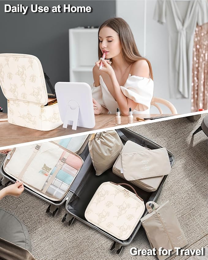 Relavel Travel Makeup Bag With LED Mirror, Portable Cosmetic Organizer Bag with Adjustable Brightness in 3 Color Scenarios, Small Train Case with Detachable Dividers for Trip- Lily Flower
