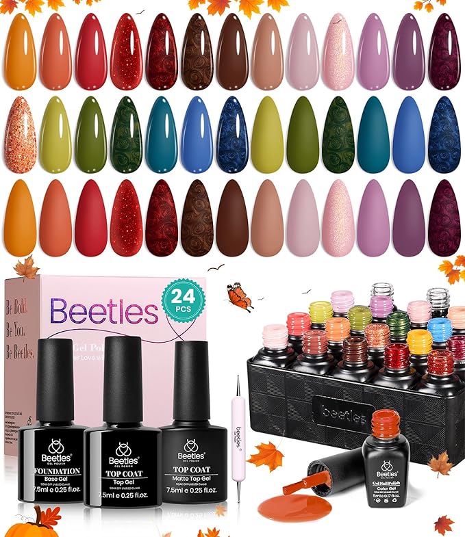 beetles Gel Polish Set - Toy Eden Gel Nail Polish Set 20 Colors Brown Orange Red Purple Glitter Shell Shread Green Nude Blue 24pcs with Base Top Coat UV LED Needed Gifts for Women