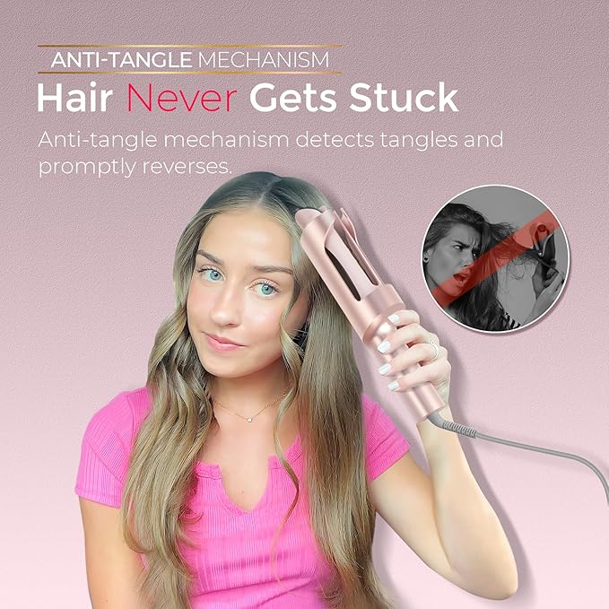 TYMO CurlPro Plus Automatic Rotating Curling Iron - Upgraded Long Barrel Curling Wand for Long Hair, Ceramic Hair Curler for Women, Anti-Scald, 600M Ionic, Dual Voltage, Gold Blush, 1 1/4 Inch