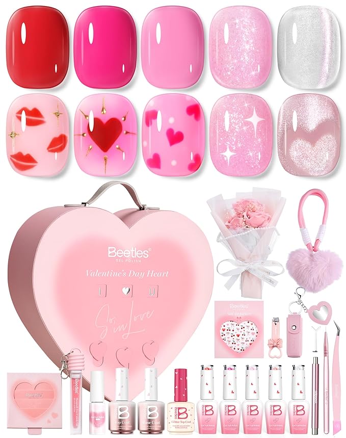 Beetles So In Love Collection – Glow In Love Valentine Gel Nail Polish Set, Pink Gel Nail Art Set with Base Top Coat Mini Rose Bouquet, Salon DIY at Home Valentine's Day Gift for Women Wife Girlfriend