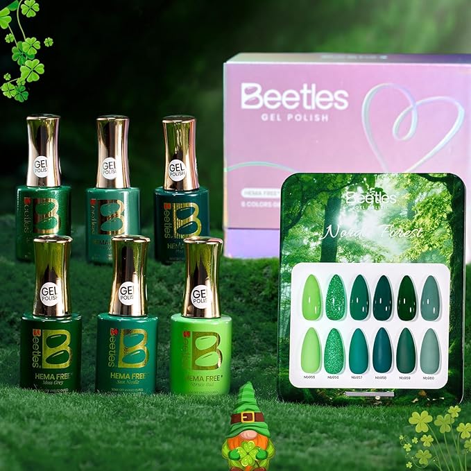 Beetles Green Gel Polish Set, Hema Free 6 Colors Light Dark Green Color Gel Nail Polish Soak off UV Led Lamp Needed Manicure DIY Salon Home St Patrick Day Gifts for Women Mordiic Forest