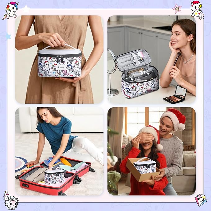 Tokidoki Unicorno Makeup Bag Cute Cosmetic Bag Large Capacity Travel Makeup Case Portable Organizer Toiletry Bag for Women Traveling with Handle (White)