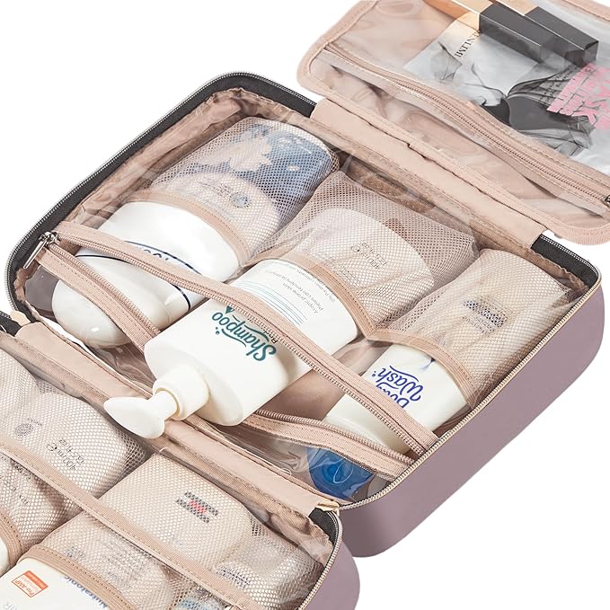 NISHEL Travel Toiletry Bag for women, Portable Hanging Organizer for Full-Sized Shampoo, Conditioner, Brushes Set, Makeup Accessories, Large Size, Peach Pink