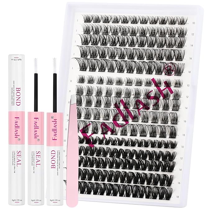 FADLASH Lash Clusters Kit 10-18mm Eyelash Cluster Lashes with Lash Bond and Seal Lash Tweezers DIY Lash Extension Kit (K1K2K10-07D-10-18 Kit)