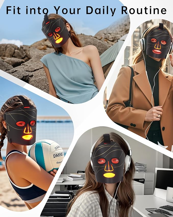Infrared Red Light Therapy Mask: High Power for Glowing Skin – Ultra-Thin 1.8mm 4.6oz, 830nm 633nm 590nm, Rechargeable, Red Light Therapy for Face Luxury Gift- Black Line