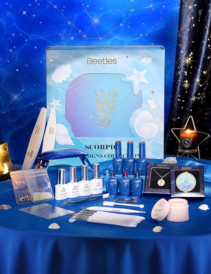 Beetles Midnight Vampire Lucky Box, Scorpio Zodiac Gel Nail Polish Kit Black Purple Burgundy Red Colors, All-in-One Nail Art Set with Tools, Necklace Badge, Salon DIY Zodiac Gift for Women