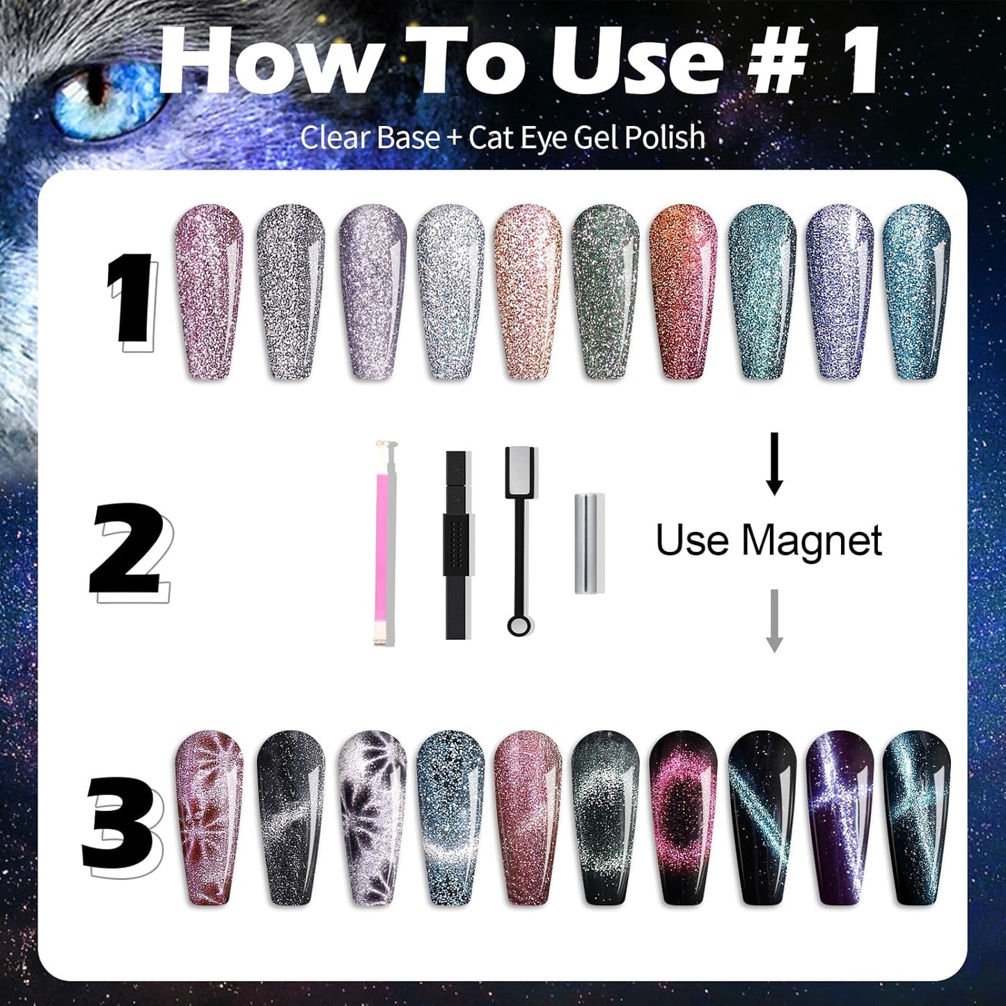 Clara Colors Magnetic Nail Polish - 20 Colors Cat Eye Gel Polish Kit Holographic Glitter Cat Eye Nail Polish with 4 Magnet, Black White Base Top Coat Gel Soak Off LED Manicure Salon DIY Art Gifts