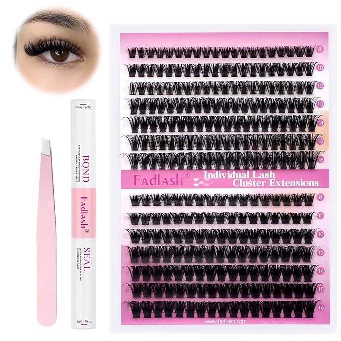 FADLASH Lash Extension Kit 60D+80D Lash Clusters D Curl Lash Cluster Kit DIY Eyelash Extension Kit with Lash Bond and Seal Lash Applicator Tool fluffy Cluster Lashes(60+80D Kit, Mix 8-16mm)