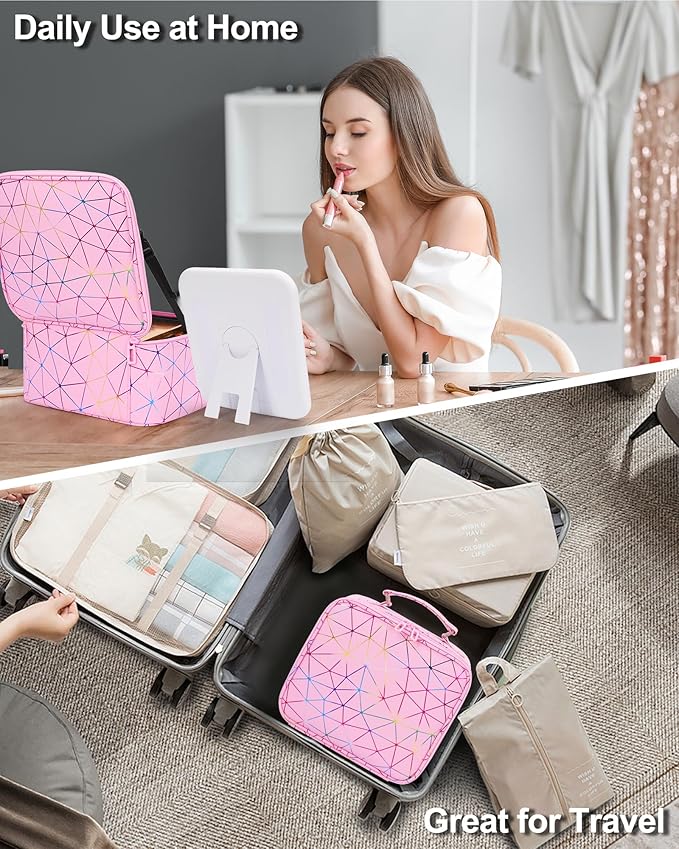Relavel Travel Makeup Bag with LED Mirror, Portable Cosmetic Train Case with 3 Color Lighted Brightness Mirror, Makeup Artist Organizer Storage with Adjustable Dividers Make Up Box - Pink Strip