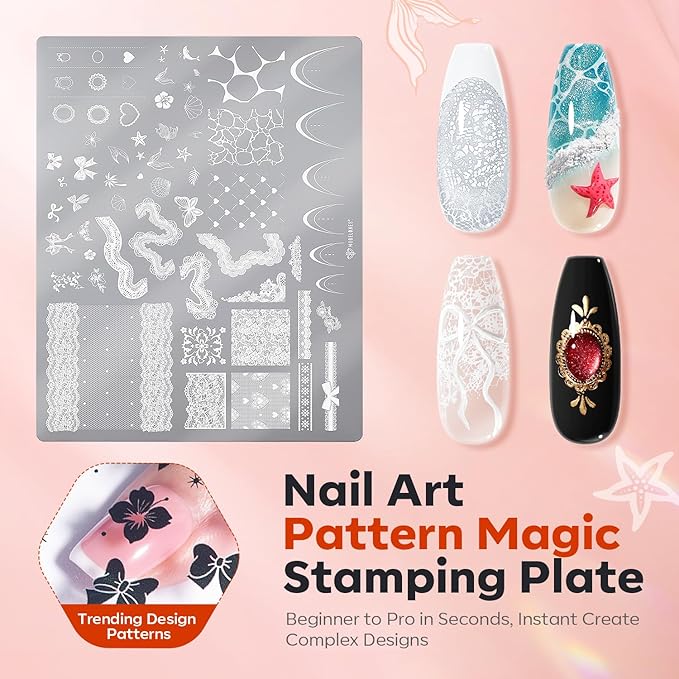 modelones 16PCS Lace Nail Stamping Kit – French Tip Stamper White Black Painting Gel Polish Chrome Powder Proof Matte Gel Top Coat Gingham Template Dual Nail Art Brush Spring Manicure Gift for Women