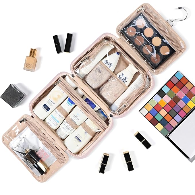 NISHEL Travel Toiletry Bag for Women, Makeup Essentials Organizer, Hanging Case for Accessories, Cosmetics, Medium Size, Pink