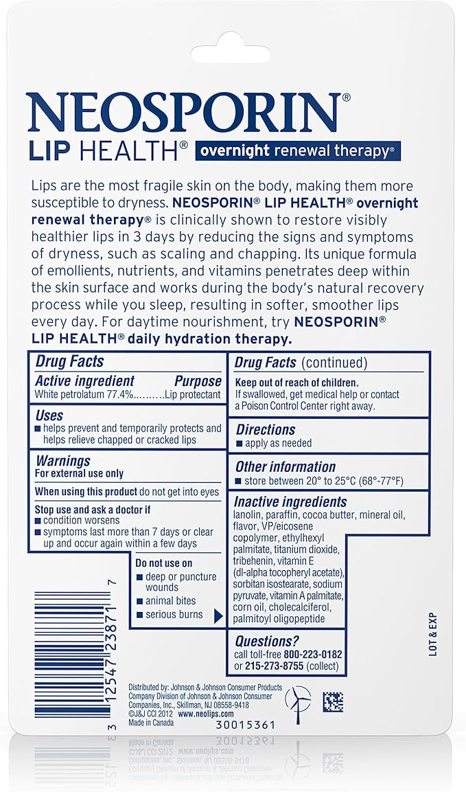 Neosporin Lip Health Overnight Renewal Therapy White Petrolatum Lip Protectant/Moisturizer to Nourish & Repair Dry Lips, Helps Relieve, Prevent & Protect Chapped Lips, 0.27 oz, 2 Pack