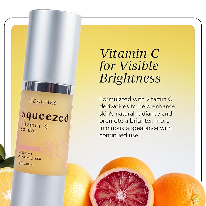 Peaches Skin Care Squeezed Vitamin C Serum with Kakadu Plum, Gold and CoQ10 – Lightweight Hydrating Formula for Radiant-Looking Complexion – Vegan Skincare for Women, 1 fl oz