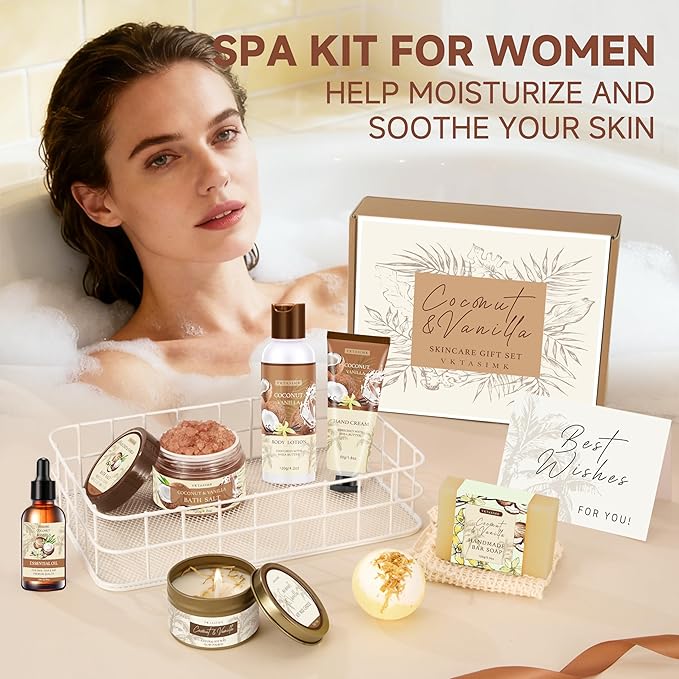 Gifts for Women Happy Birthday Gift Baskets, Bath and Body Gift Set Mothers Day Gifts, Vanilla Coconut Relaxing Home Spa Set Self Care Gift for Mom Sister Her Wife Grandma Girlfriend Friends