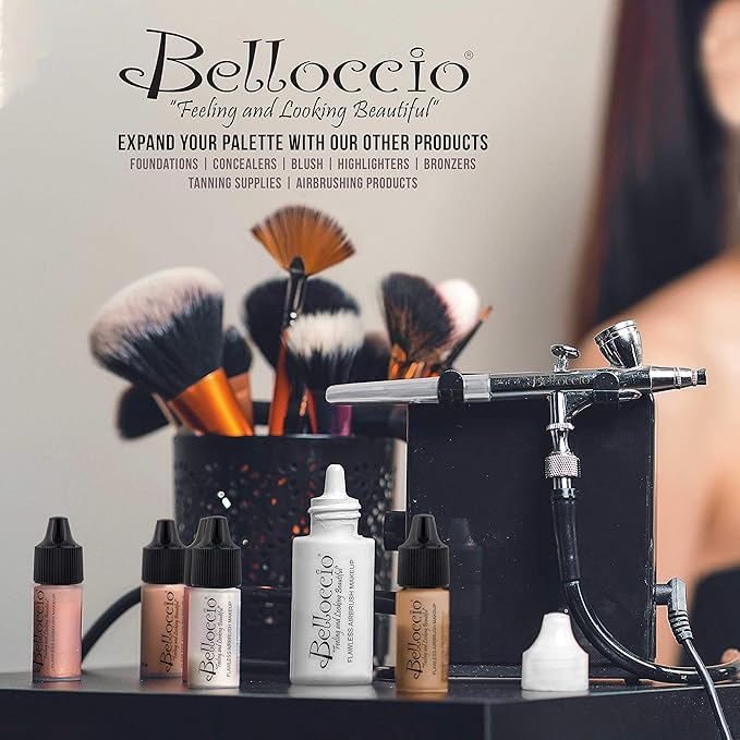 Complete Professional Belloccio Airbrush Cosmetic Makeup System with a MASTER SET of All 17 Foundation Color Shades in 1/4 oz Bottles - Blush, Bronzer, Highlighters