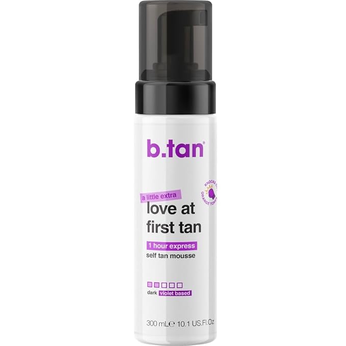 b.tan Large Violet Base Self Tanner Mousse | A Little Extra Love At First Tan - 1 Hour Express Sunless Tanning Foam, Cancels Orange Tones, Dark Bronze Glow, No Fake Tan Smell, Face & Body, 10.1 Fl Oz
