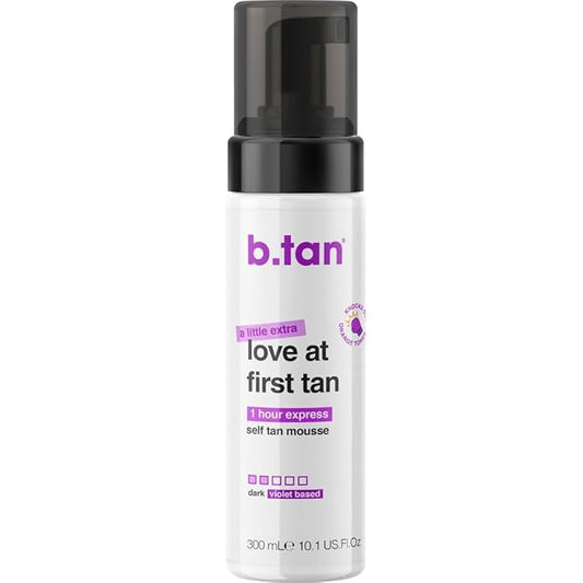 b.tan Large Violet Base Self Tanner Mousse | A Little Extra Love At First Tan - 1 Hour Express Sunless Tanning Foam, Cancels Orange Tones, Dark Bronze Glow, No Fake Tan Smell, Face & Body, 10.1 Fl Oz