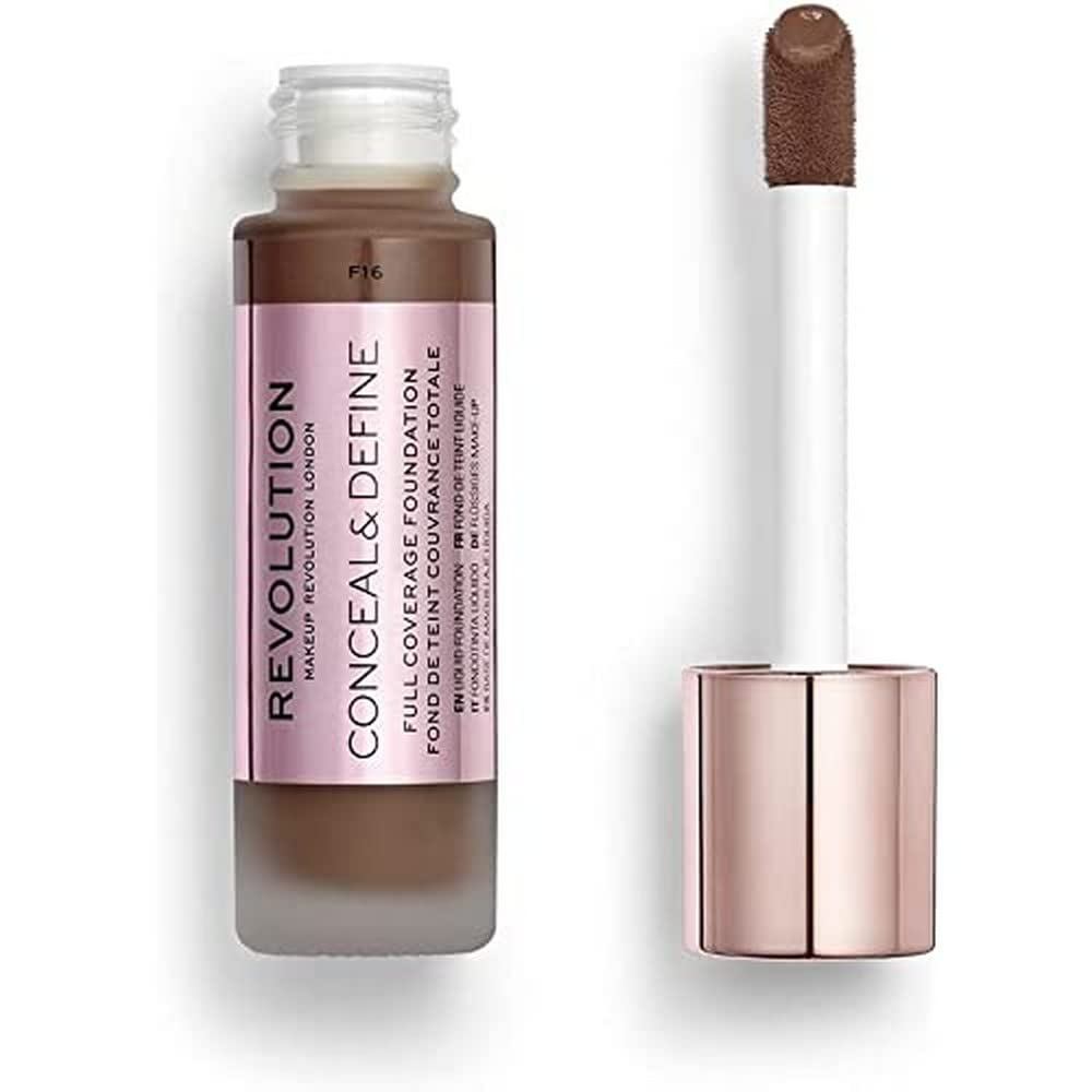 Makeup Revolution Conceal & Define Foundation, Cream Foundation Makeup, Full Coverage, For Dark Skin Tones, Vegan & Cruelty-Free, F16, 23ml