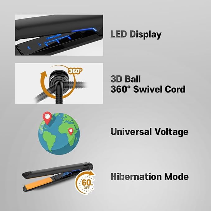 GLAMPALM Hair Straightener 1" Ceramic Flat Iron Infused with Vita C, Korea's No.1 Professional Salon Tool with 3D Swivel Cord & Dual Voltage,11 Heat Settings(220°–450°), 25s Fast Heat-Up (GP201)
