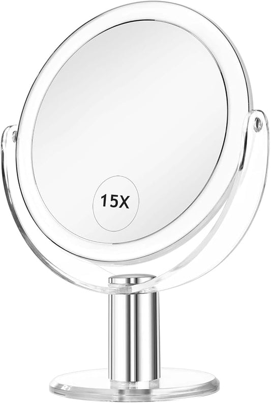 Vanity Mirror Makeup Mirror with Stand, 1X/15X Magnification Double Sided 360 Degree Swivel Magnifying Mirror, 7.4 Inch