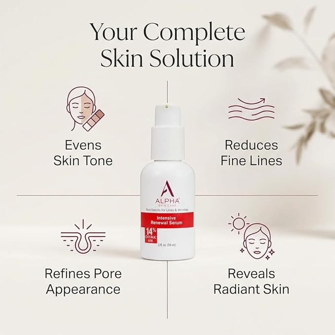 Alpha Skin Care Renewal Serum, 14% Glycolic AHA, Anti-Aging Formula, Reduces Lines & Wrinkles, Alpha Hydroxy Acid Exfoliates & Evens Skin Tones, Rejuvenates & Hydrates, 2 Oz