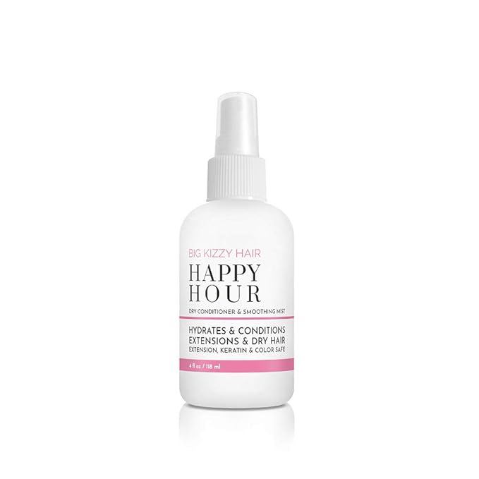 Big Kizzy Happy Hour Dry Conditioner Spray - Marula Oil adds Moisture + Shine to dry and damaged hair - Smoothing Spray removes Frizz on all Hair Types and Textures with No Residue, 4 oz