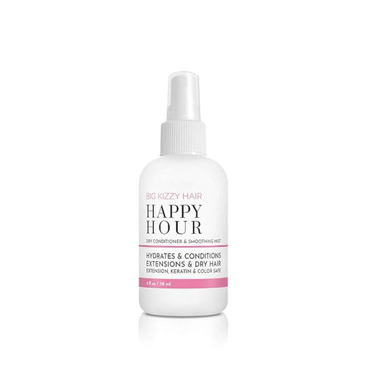 Big Kizzy Happy Hour Dry Conditioner Spray - Marula Oil adds Moisture + Shine to dry and damaged hair - Smoothing Spray removes Frizz on all Hair Types and Textures with No Residue, 4 oz