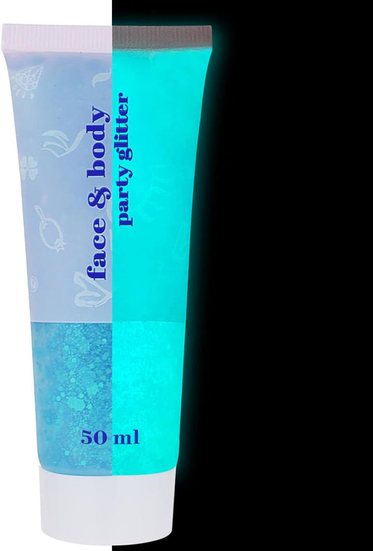 MEICOLY Neon Blue Body Glitter Gel,UV Blacklight Chunky Face Glitter Gel,Glow in The Dark Glitter Paint,Singer Concert Music Festival Party Rave Accessories,Halloween Glitter Makeup for Women,50ml