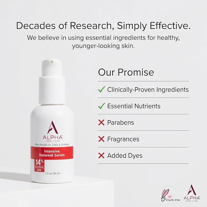 Alpha Skin Care Renewal Serum, 14% Glycolic AHA, Anti-Aging Formula, Reduces Lines & Wrinkles, Alpha Hydroxy Acid Exfoliates & Evens Skin Tones, Rejuvenates & Hydrates, 2 Oz