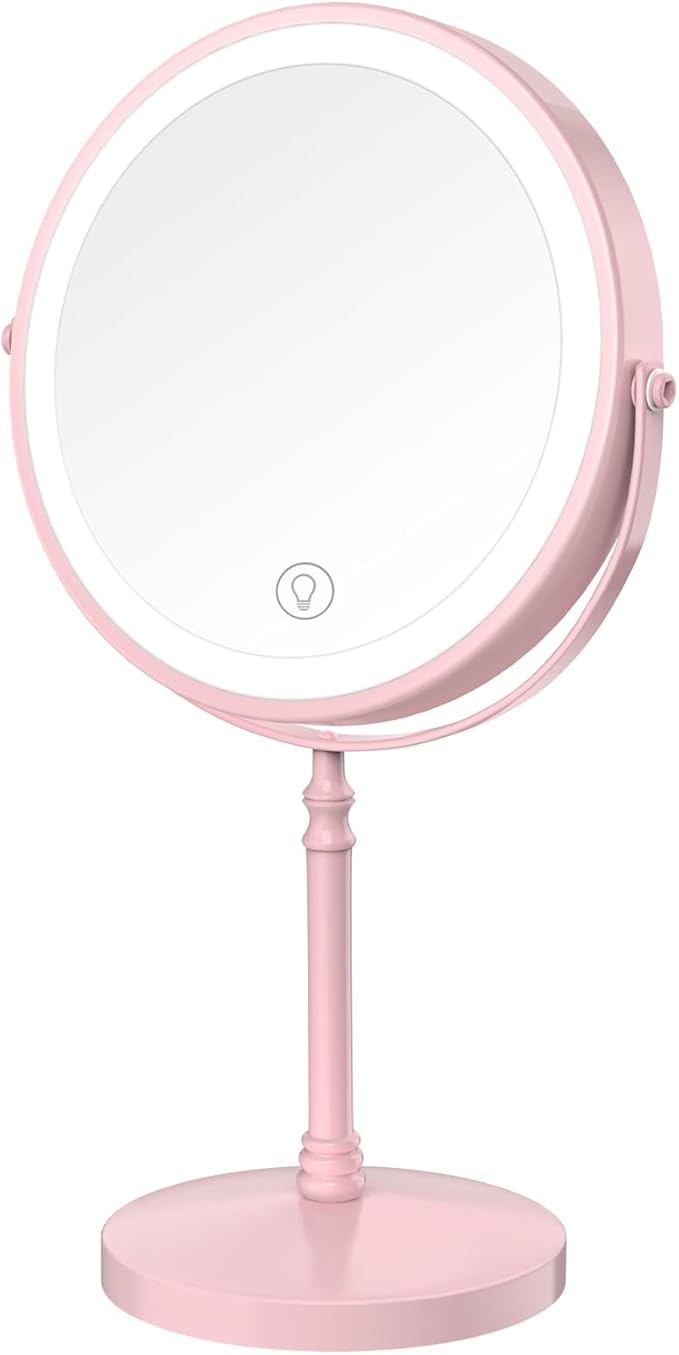 Lighted Makeup Mirror, 3000 mAh Rechargeable Double Sided Magnifying Vanity Mirror with 3 Colors, 1x/10x, 360° Rotation , Brightness Adjustable Magnification Cosmetic Light up Mirror, Women Gift