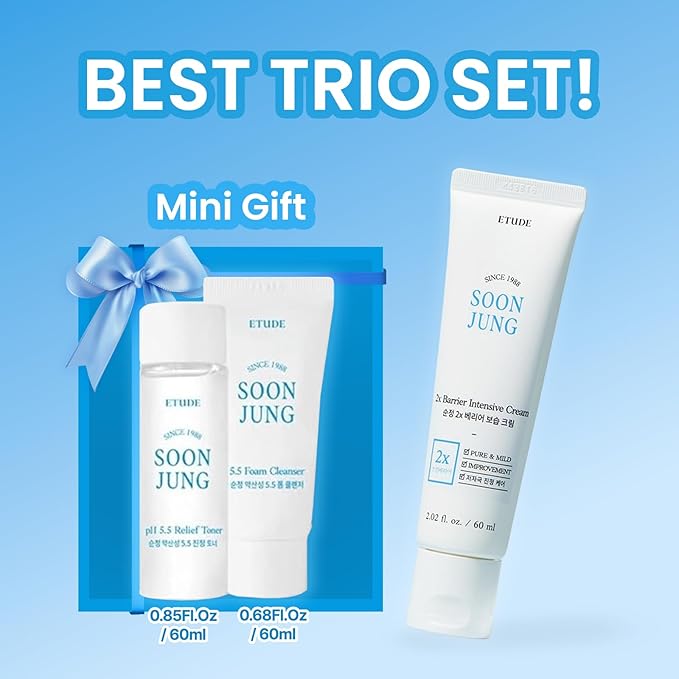 ETUDE SoonJung 2x Intensive Cream Best Trio Set for Barrier Repair | 2x Barrier Cream 2.02 Fl Oz + pH 5.5 Relief Toner 0.85 Fl Oz + Foam Cleanser 0.68 Fl Oz, Korean Skin Care