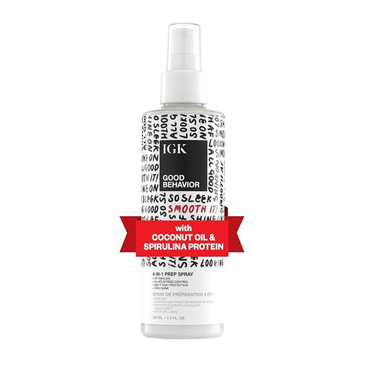 IGK GOOD BEHAVIOR 4-in-1 Prep Spray | Leave In + Detangle + Heat Protectant | Vegan + Cruelty Free | 7 Oz