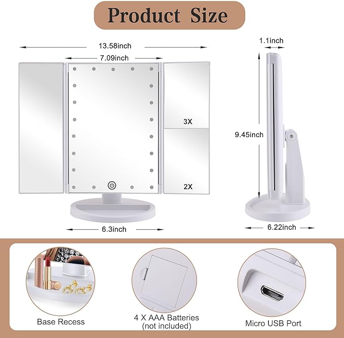 deweisn Floor Mount Tri-Fold Lighted Vanity Mirror with 21 LED Lights, Touch Screen and 3X/2X/1X Magnification, Two Power Supply Modes Make Up Mirror,Travel Mirror