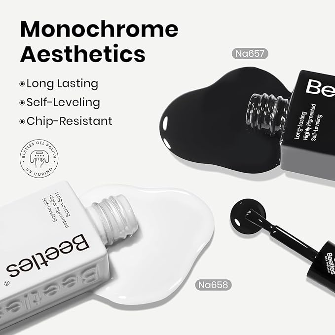 Beetles Black White Gel Polish Kit - 2 Colors Hema Free Soak Off UV Gel Polish Set Same Color Same Bottle Design Manicure Salon DIY at Home for Women