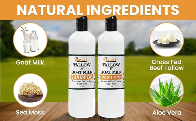 Beef Tallow & Goat Milk Shampoo and Conditioner Set - Handmade Hair Care for Thinning Relief, Sea Moss Shampoo and Conditioner, Thickening Formula for Hair Regrowth & Str (Shampoo & Conditioner 12 Oz)
