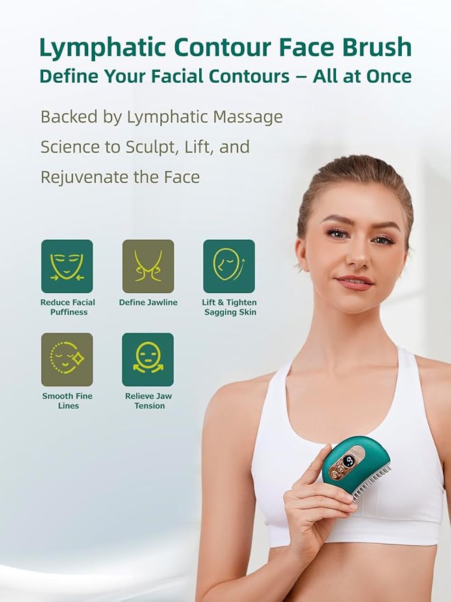 Lymphatic Contour Face Brush – Face Massager for Lymphatic Drainage, Double Chin Reducer, and Facial Sculpting – Gentle Vibrating Lymphatic Drainage Tool for Jawline & Puffiness (Green)