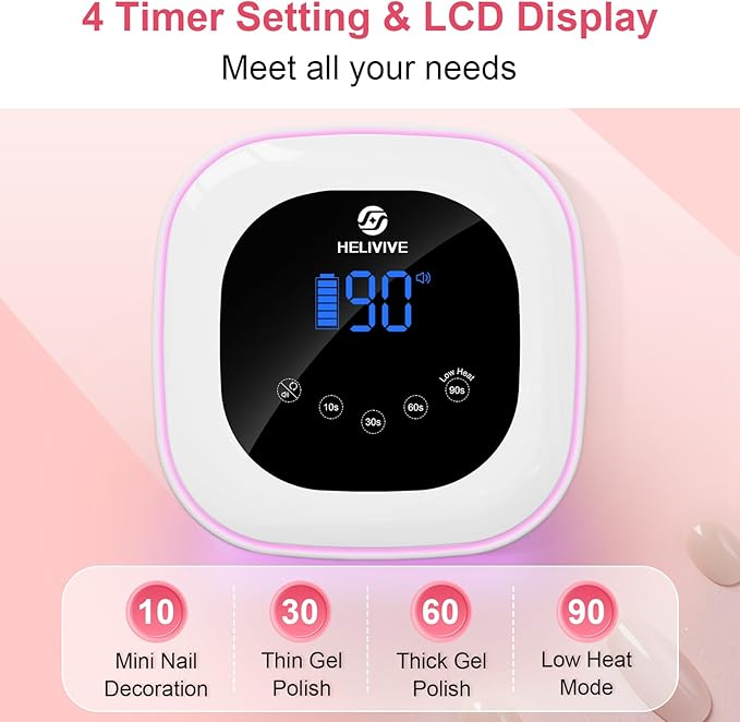 Cordless UV LED Nail Lamp, 80W Rechargeable Nail Dryer with 4 Timers, Atmosphere Light & Mirror Base, UV Light for All Gel Nails, Ideal for Training,Nail Art Practice,Home & Salon Use (White)