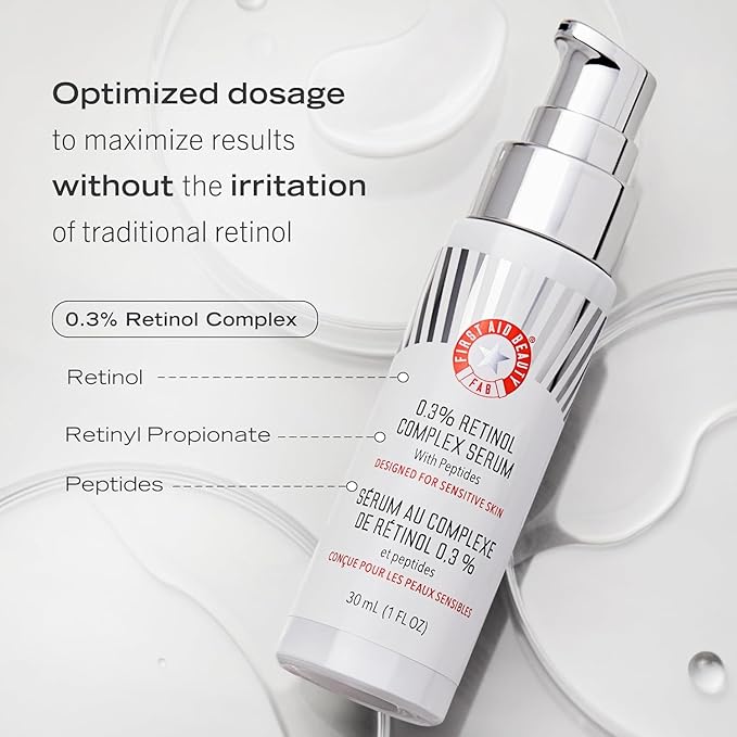 First Aid Beauty - 0.3% Retinol Complex Serum with Peptides, Designed for Sensitive Skin, Helps Visibly Improve Lines and Wrinkles with Less Irritation than Traditional Retinol, Non-Comedogenic, 1 oz
