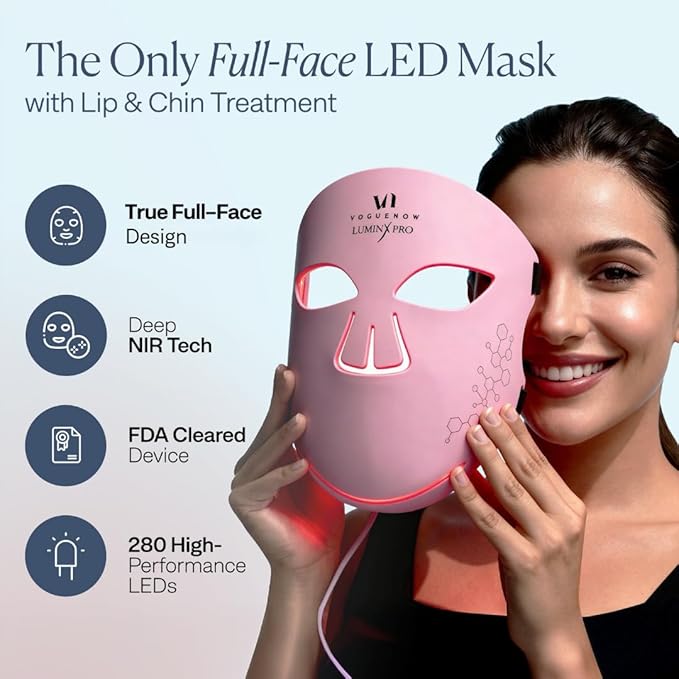 VogueNow LED Light Therapy Mask - FDA-Cleared Device for Wrinkles & Acne - Red Light Therapy for Face with Chin & Lip Coverage - Red, Blue & Near Infrared Facial Skincare Device with 280 LEDs