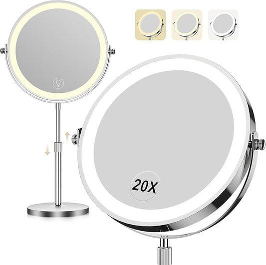 Makeup Mirror with Lights, 1x/20x 360° Rotation Vanity Mirror, Brightness Adjustable Lighted Makeup Mirror with Magnification, 5000 mAh Rechargeable Double Sided Mirror with 3 Colors, Gift for Women