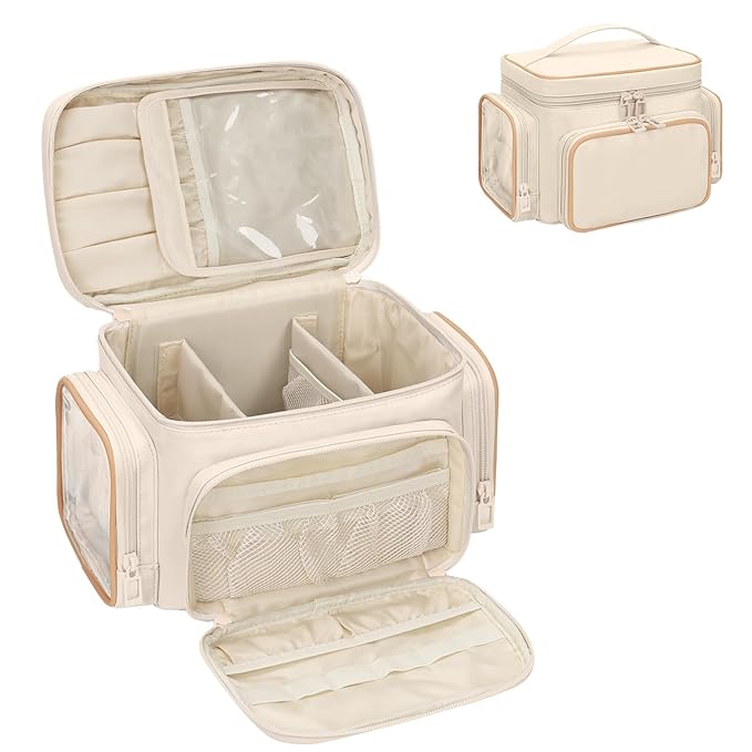 Large Makeup Bag, Portable Travel Makeup Bag Organizer for Women Girls with Makeup Brush Compartment & Two Side Pockets, Cosmetic Travel Bag Vertical Storage Toiletry - White