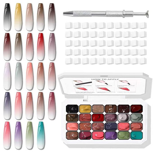 24 Colors Sponge Pat Paint Nail Gel, Pat Painting Gel Polish for Drawing Striper Liner Floral Ombre Blush Blooming Aura Nails Art DIY, UV/LED Cured, No Wipe, 100 Sponges Grabber Pen(24 Colors B)