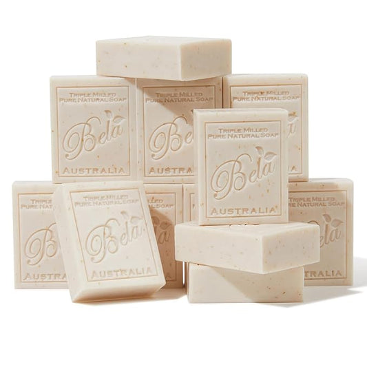 BELA Oatmeal Soap with Milk and Bran 3.3 OZ, Pack of 12, Long Lasting French Triple Milled Bar Soap with Organic Shea Butter, Hand, Face and Body Wash Bars, Made in Australia