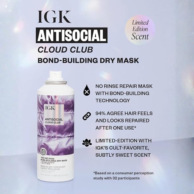 IGK Antisocial Cloud Club Dry Hair Mask | Limited-Edition Scent | Leave-In Dry Treatment, Repairs + Softens + Adds Shine | Vegan & Cruelty-Free | 5 oz