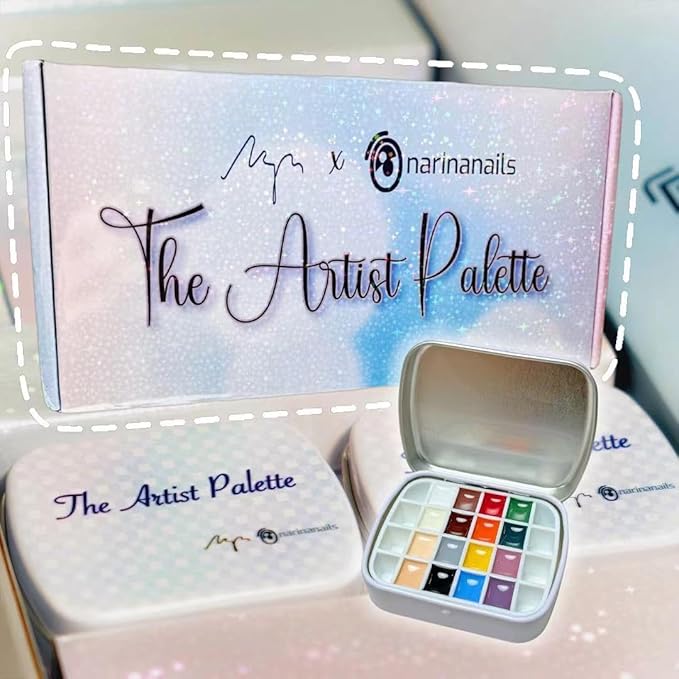 16 colours Narina The Artist Palette x MPA with mixing pad, 2 mini palettes, 24 grids for Nail Art, Solid colour 5g each High Pigment & Coverage.