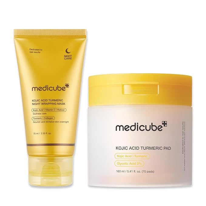 medicube Kojic Acid Prep and Seal Duo for Troubled Skin: Kojic Acid Turmeric Overnight Wrapping Peel Off Mask 2.0 and Kojic Acid Turmeric Clarifying Toner Pad