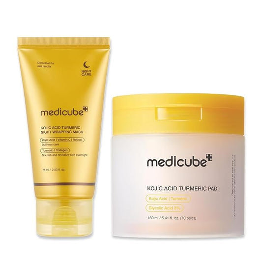 medicube Kojic Acid Prep and Seal Duo for Troubled Skin: Kojic Acid Turmeric Overnight Wrapping Peel Off Mask 2.0 and Kojic Acid Turmeric Clarifying Toner Pad