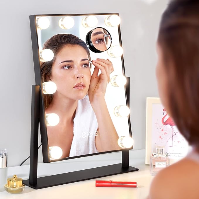 Vanity Mirror with Lights,Lighted Vanity Mirror with 12 Dimmable Bulbs for Dressing Room & Bedroom,3 Color Lighting,Modes Detachable 10x Magnification 360°Ratation